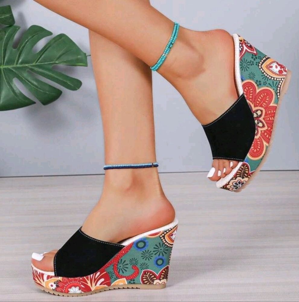 Women's Wedge Heeled Sandals, Floral Print Peep Toe Slip-On High Heels - Picture 4 of 5